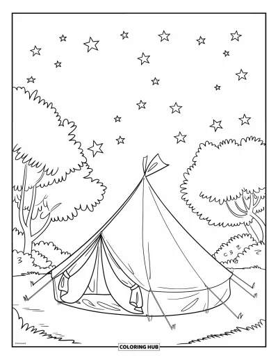 Coloriage apaisant pour enfants : Une tente ronde est installée sous des arbres sous un ciel plein d'étoiles