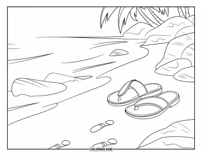 Coloriage apaisant pour enfants : Des sandales sur le rivage avec des empreintes de pas et des palmiers au loin
