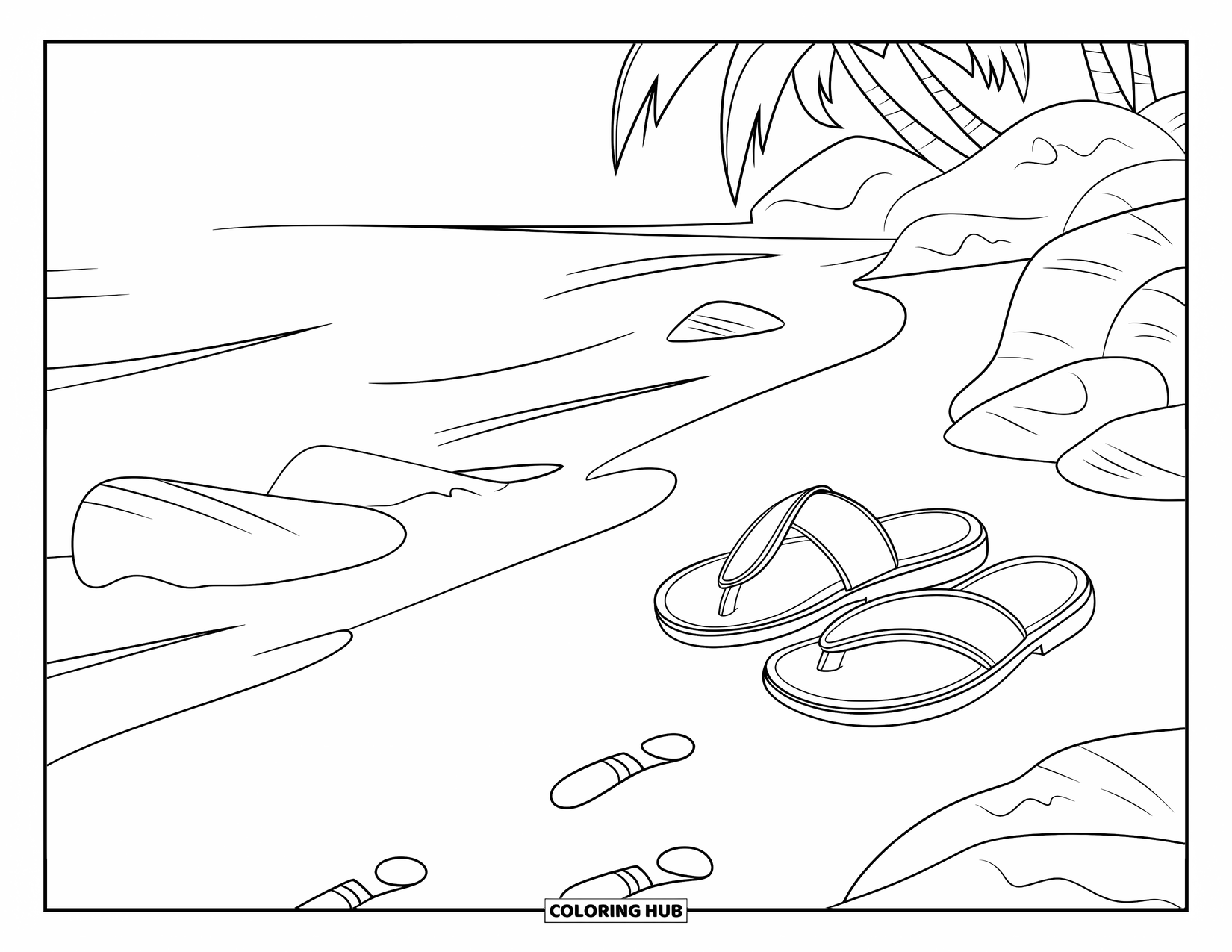 Calming Coloring Page for Kids: Sandals on the shore with footprints and palm trees in the distance