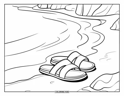 Coloriage apaisant pour enfants : Des sandales au bord de l'eau près de vagues calmes et de quelques rochers