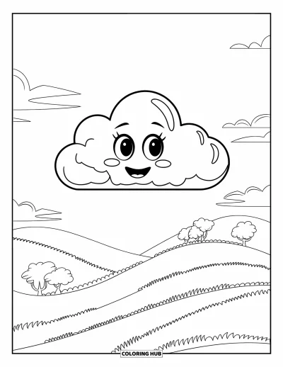 Coloriage apaisant pour enfants : Un nuage souriant aux grands yeux flotte au-dessus d'une colline avec une belle atmosphère joyeuse