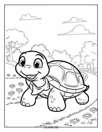 Coloriage apaisant pour enfants : Une tortue souriante avec un bandana avance sur un chemin de fleurs et d'arbres
