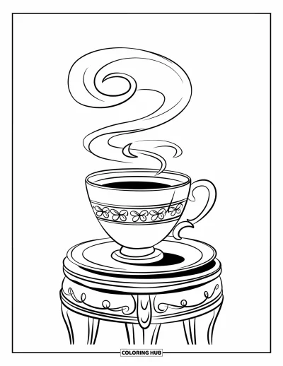 Coloriage apaisant pour enfants : Une tasse de thé fumante repose tranquillement sur un petit plateau