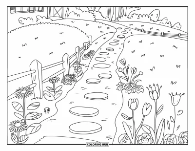 Coloriage apaisant pour enfants : Des pierres de gué et des fleurs longent un chemin près d'une clôture et d'un champ paisible