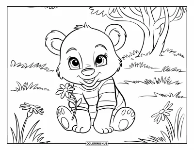 Coloriage apaisant pour enfants : Un ourson en chemise rayée est assis dans un pré et tient doucement une fleur