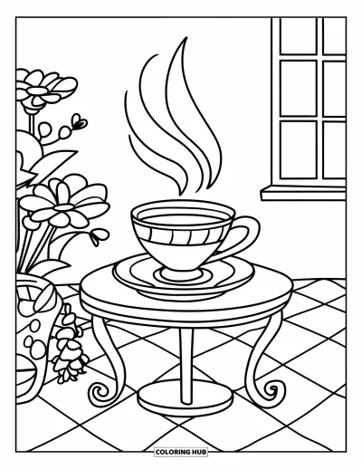 Coloriage apaisant pour enfants : Une tasse de thé sur une table avec de la vapeur qui monte et des fleurs à côté