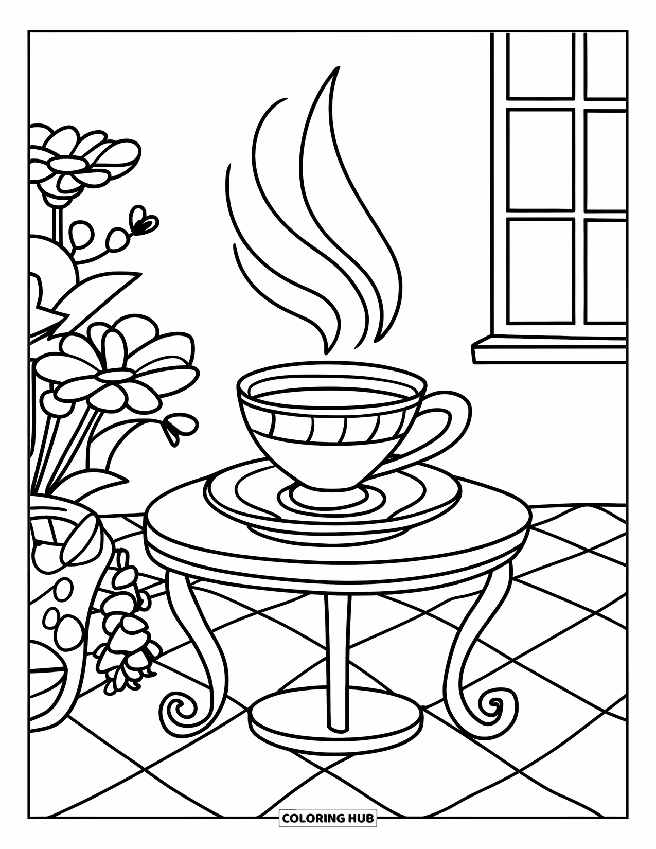 Calming Coloring Page for Kids: Tea cup on a table with steam rising and flowers beside it