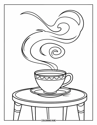 Coloriage apaisant pour enfants : Une tasse de thé avec de la vapeur tourbillonnante repose sur une petite table chaleureuse