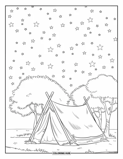 Coloriage apaisant pour enfants : Une tente est installée sous des arbres pendant que les étoiles parsèment le ciel nocturne
