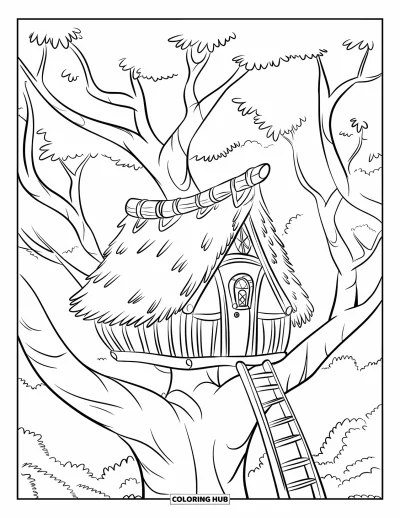 Coloriage apaisant pour enfants : Une cabane dans les arbres au toit de chaume avec des branches feuillues et une solide échelle en bois