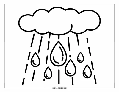 Coloriage apaisant pour enfants : Trois grosses gouttes de pluie tombent d'un nuage moelleux dans un ciel joyeux