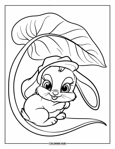 Coloriage apaisant pour enfants : Un petit lapin avec un chapeau fait une sieste sous un grand feuillage