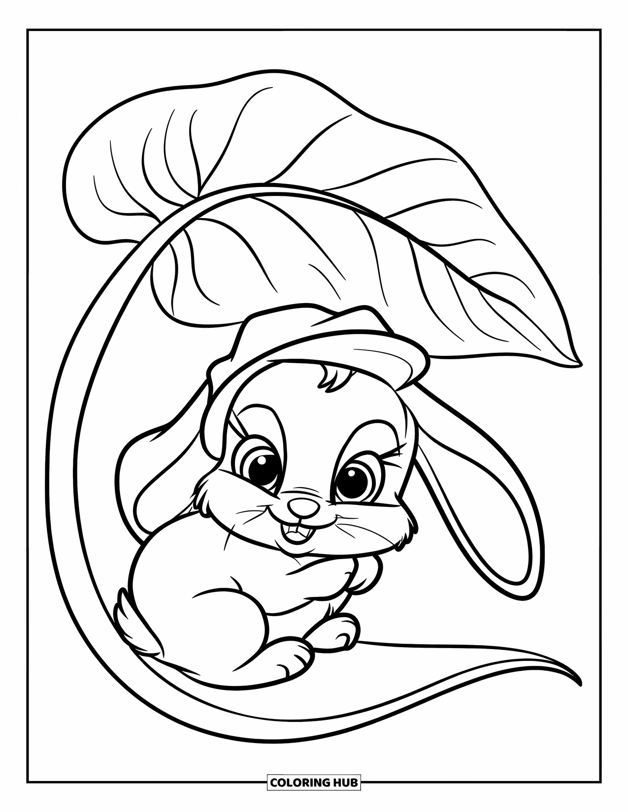 Calming Coloring Page for Kids: Tiny bunny with a hat naps under a big leafy cover