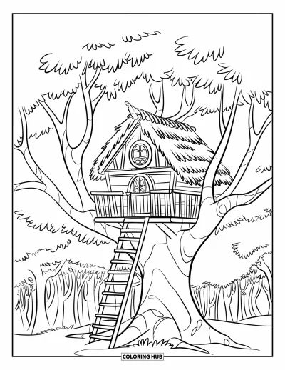 Coloriage apaisant pour enfants : Une cabane dans les arbres nichée dans les branches feuillues avec une échelle en bois appuyée dessus