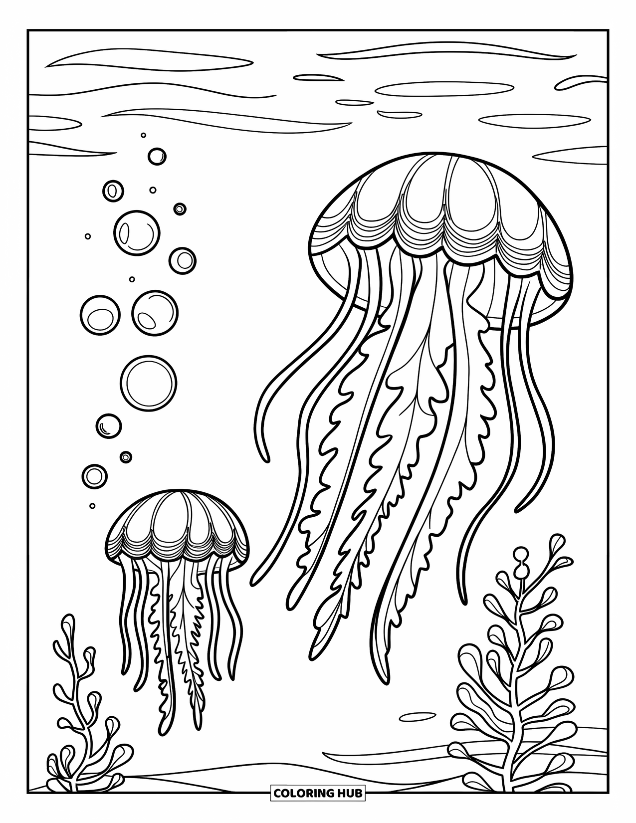 Calming Coloring Page for Kids: Two jellyfish with patterned bodies float in a calm sea with bubbles