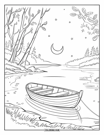 Coloriage apaisant pour enfants : Un bateau en bois amarré au rivage, entouré d'arbres sous un ciel de lune