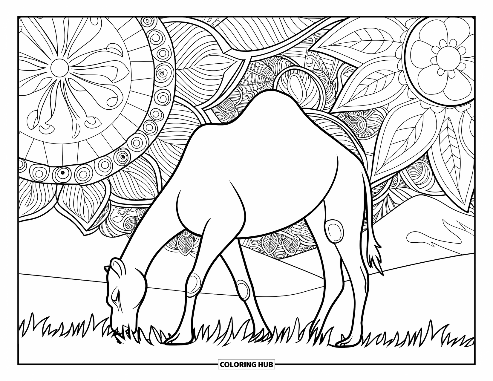 Camel Coloring Page for Adults: Camel grazing in a field of swirling leaf and flower mandalas