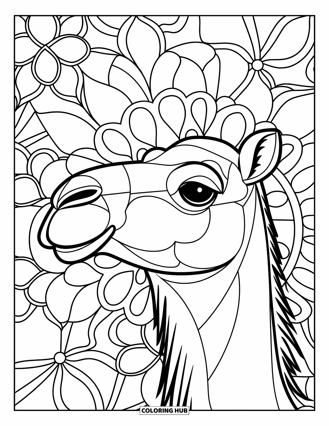 Camel Coloring Page for Adults: Camel head close-up in floral stained glass design on white background