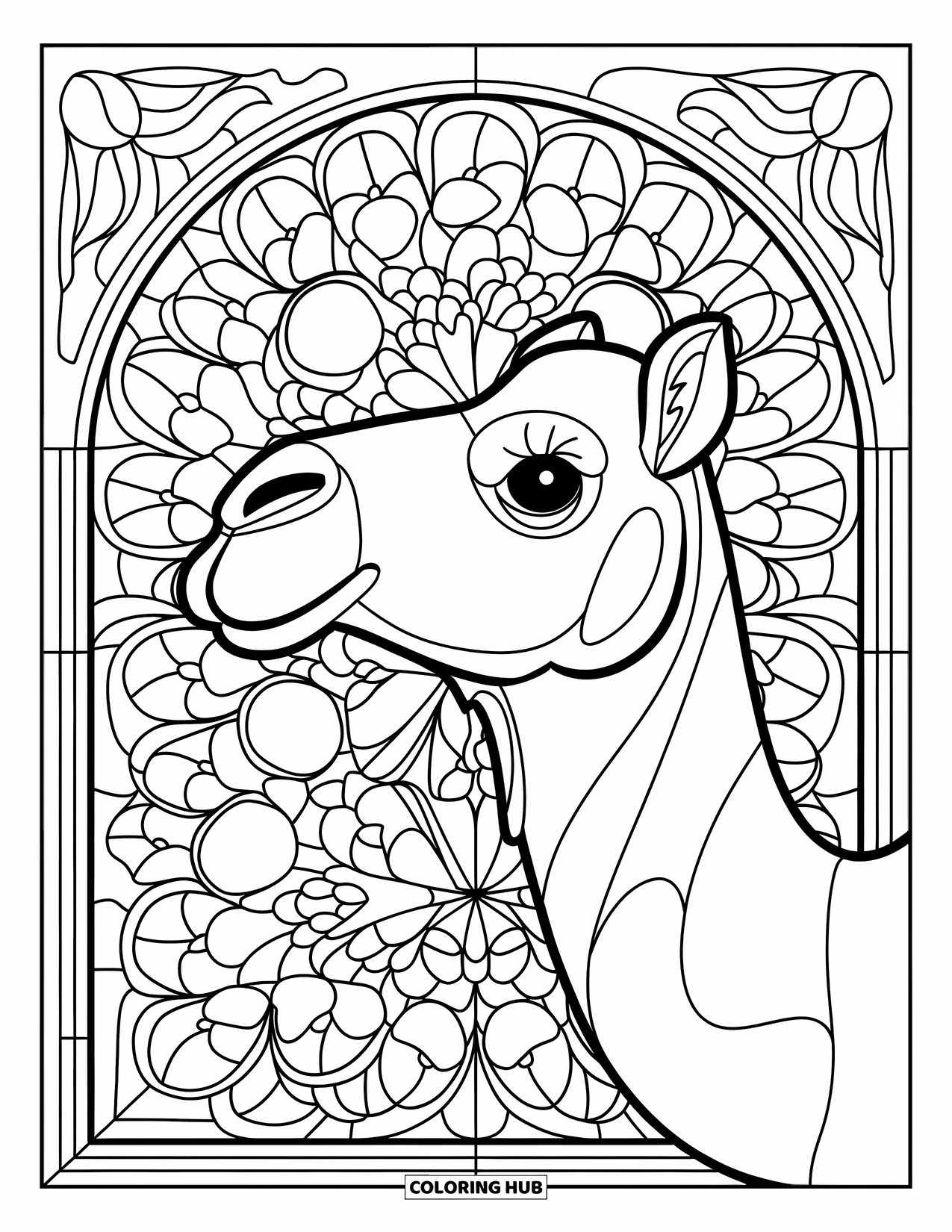 Camel Coloring Page for Adults: Camel head close-up with floral stained glass and border frame