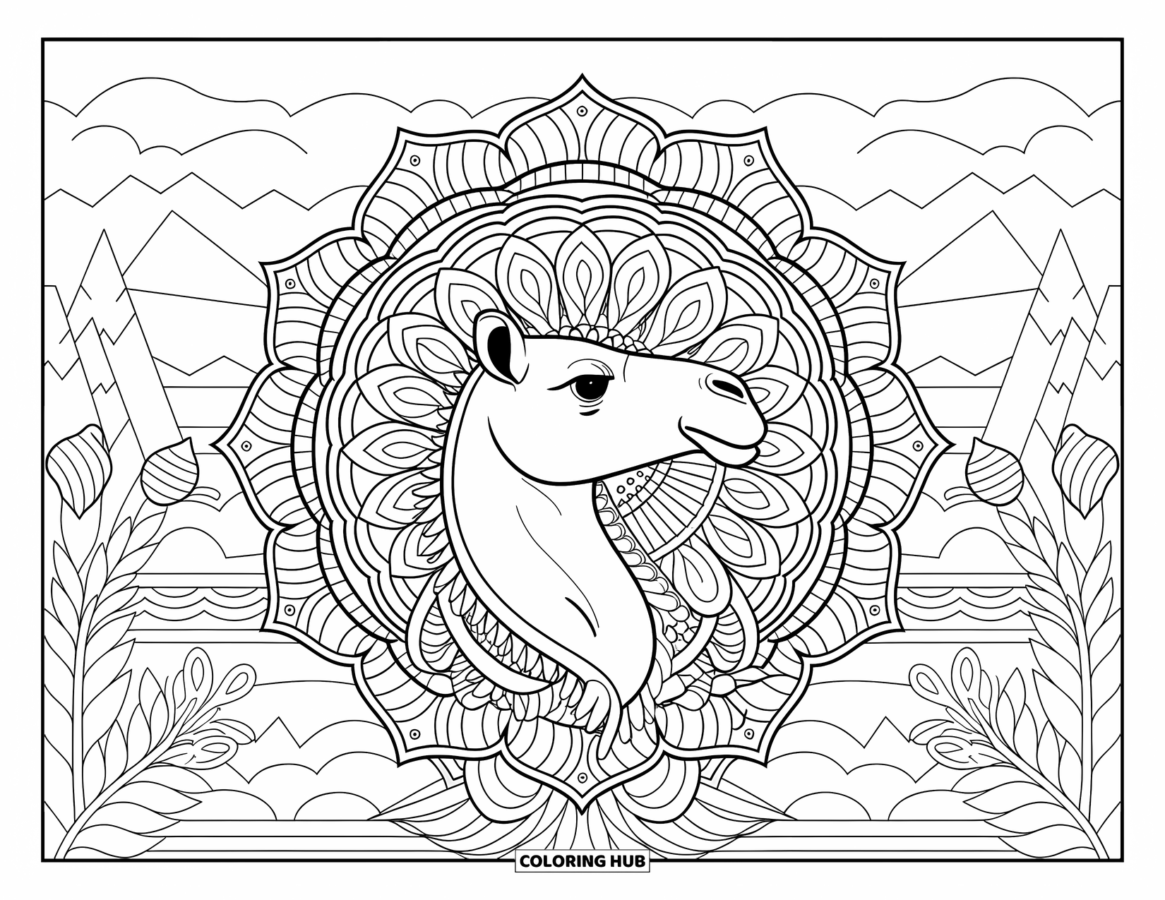 Camel Coloring Page for Adults: Camel head in a botanical mandala with a scenic mountain view