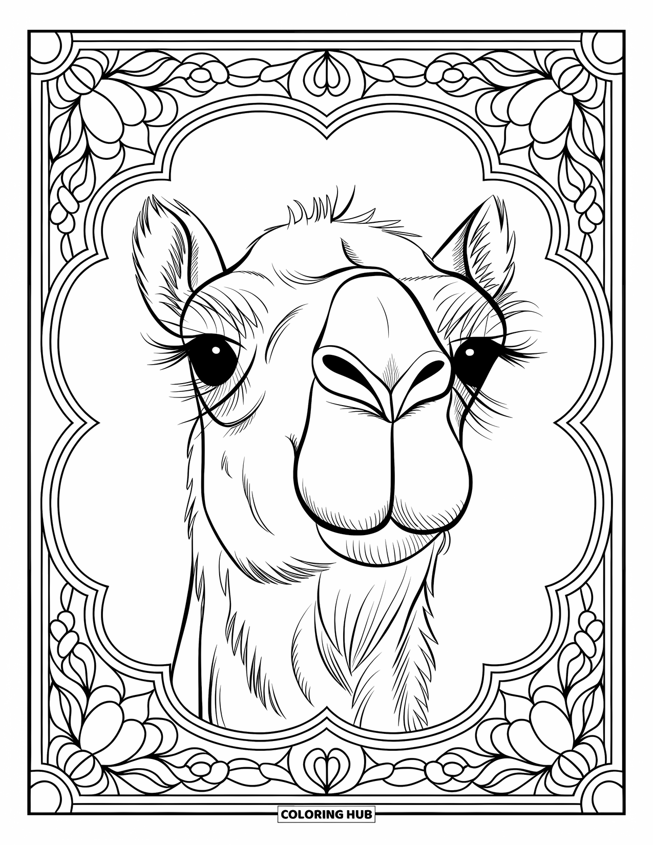 Camel Coloring Page for Adults: Camel head with floral stained glass on a white background