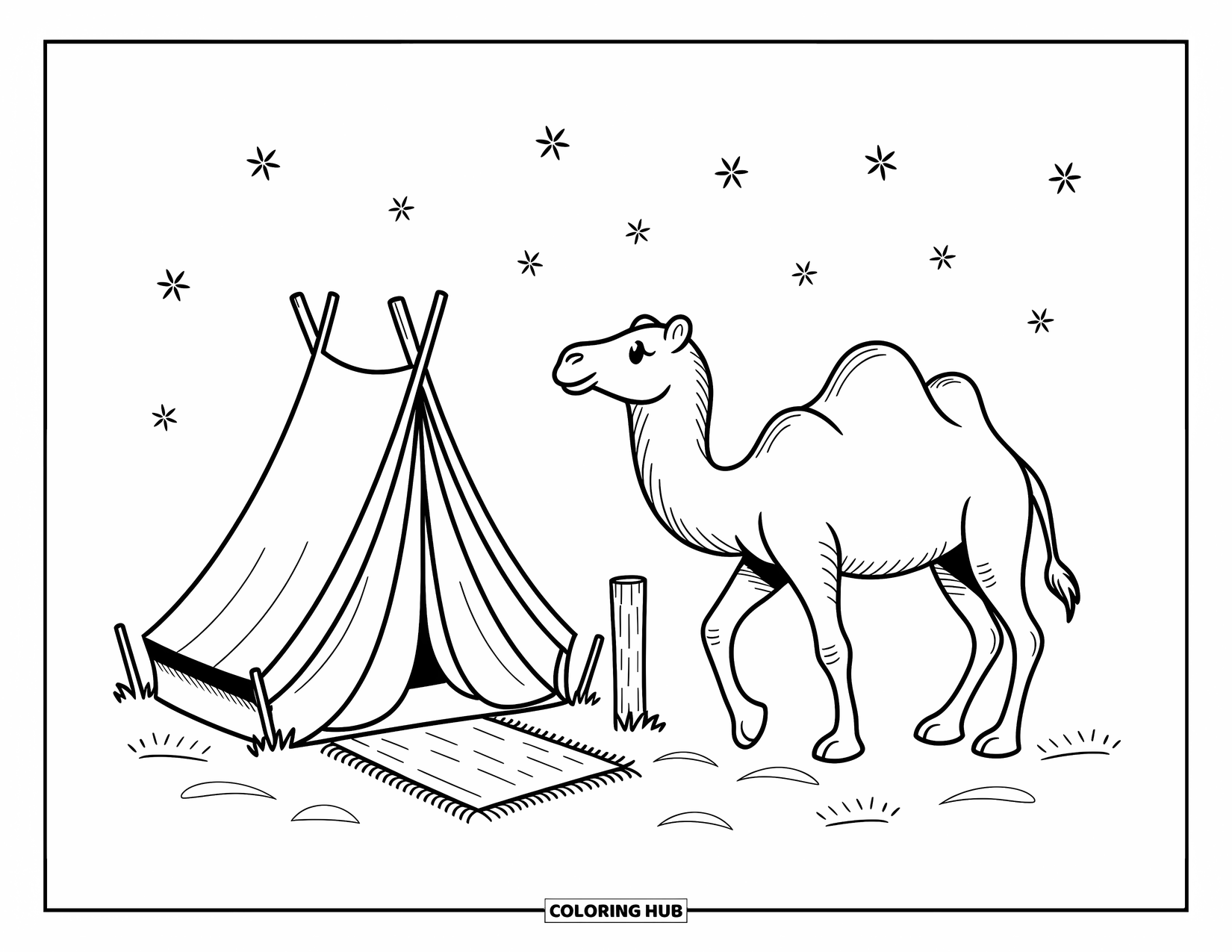Camel Coloring Page for Adults: Camel passing a tent with a woven mat and twinkling stars above