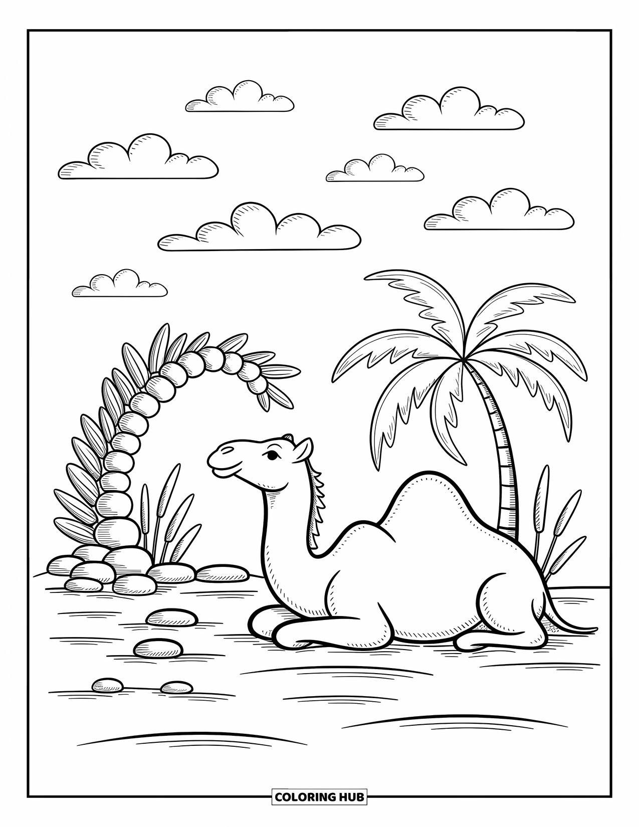 Camel Coloring Page for Adults: Camel resting by a small oasis with palm trees and fluffy clouds above