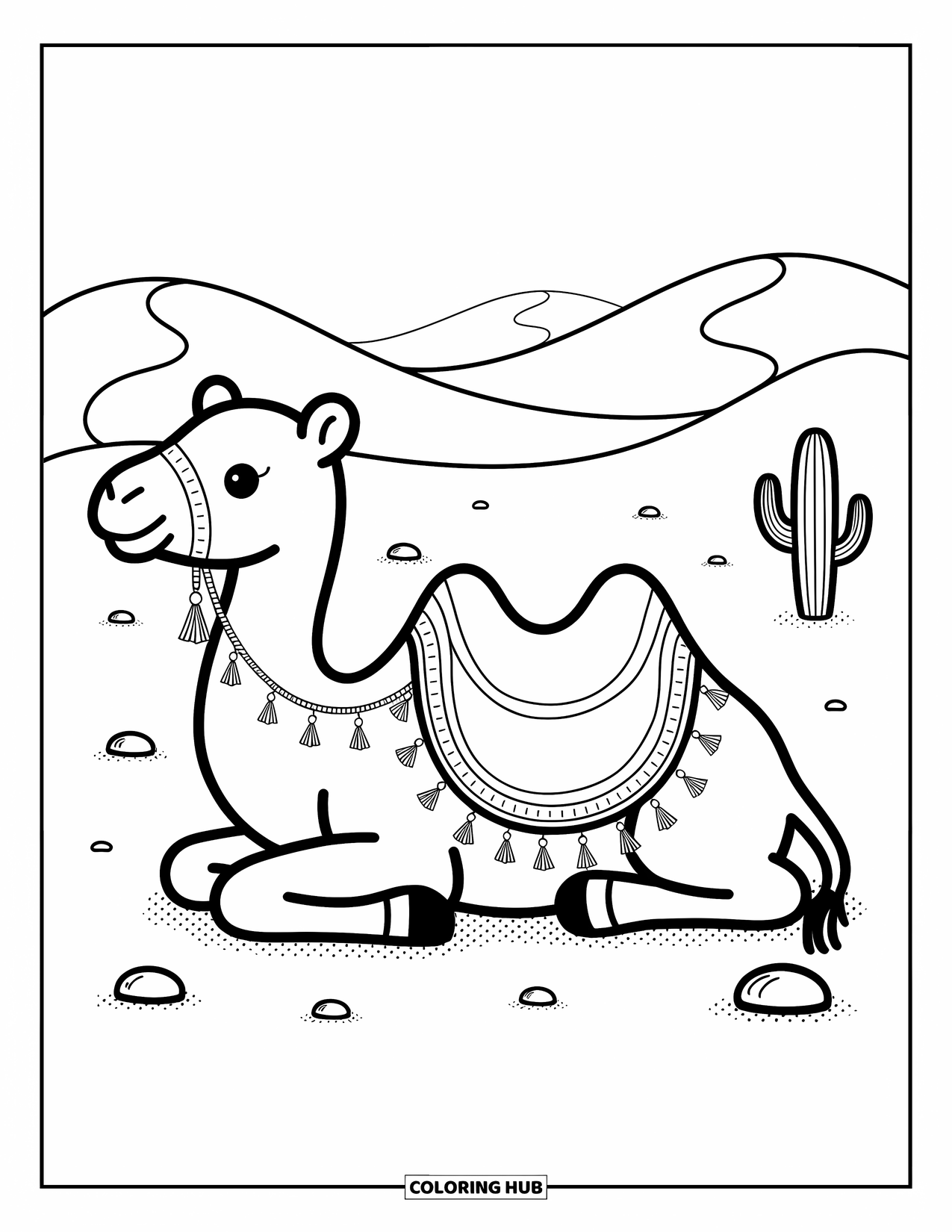 Camel Coloring Page for Adults: Camel resting with a patterned blanket near dunes, cactus, and pebbles