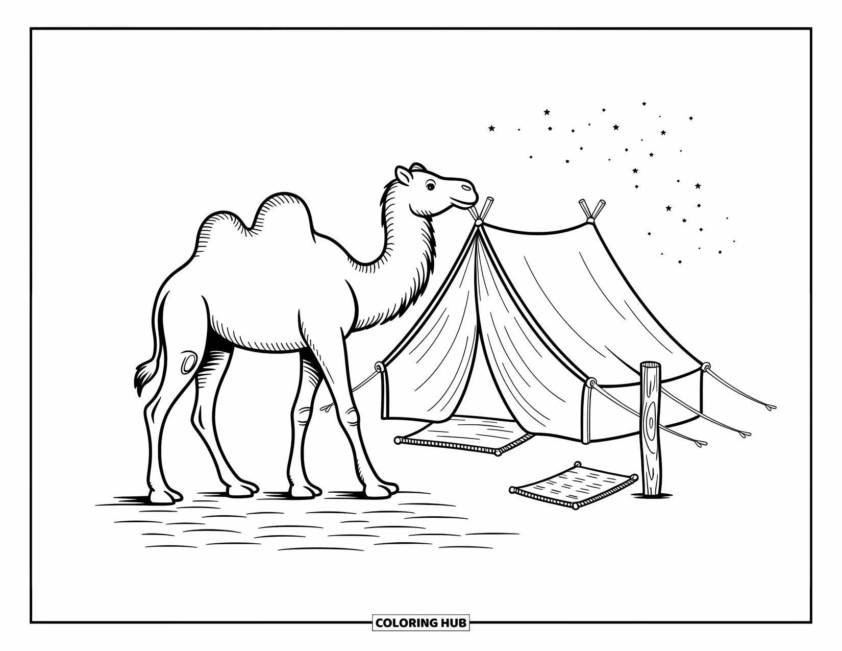 Camel Coloring Page for Adults: Camel walking past a cozy desert tent with a mat and wooden post nearby