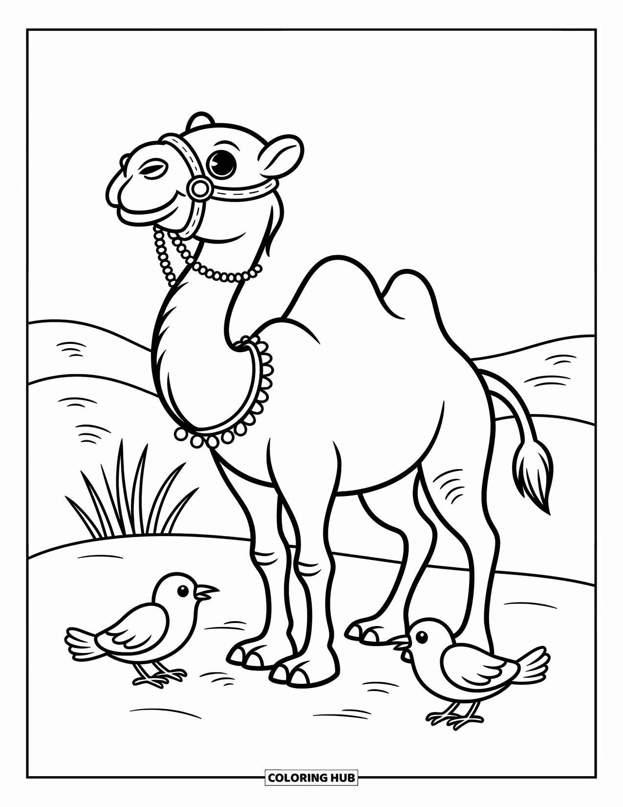 Camel Coloring Page for Adults: Camel with a beaded harness beside two small birds and desert grass