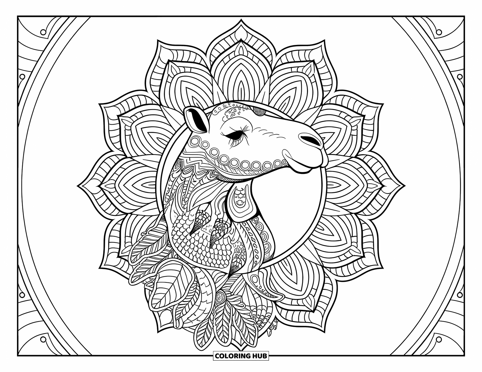 Camel Coloring Page for Adults: Detailed camel head in the center of a botanical mandala