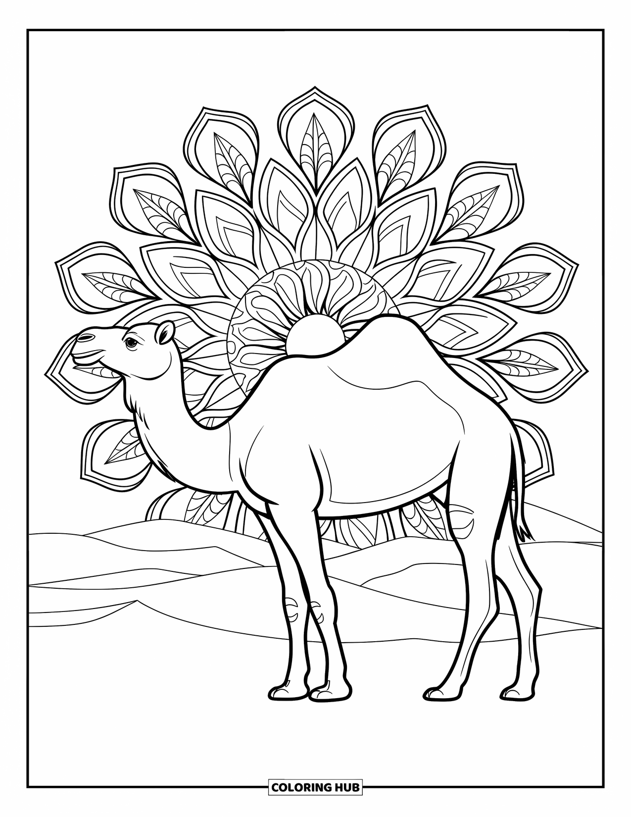 Camel Coloring Page for Adults: Realistic camel in a floral mandala over desert dunes