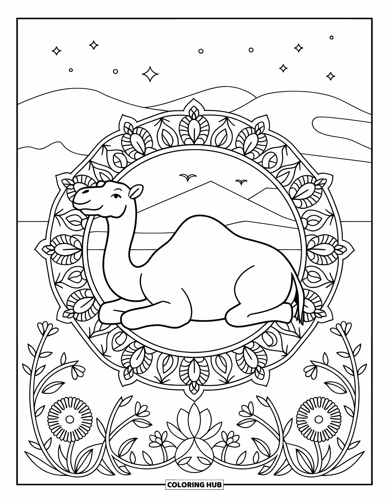 Camel Coloring Page for Adults: Resting camel in a mandala with flowers and a starry desert sky