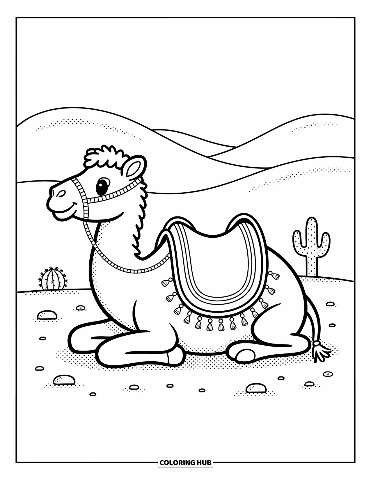 Camel Coloring Page for Adults: Seated camel with a patterned saddle blanket and tassels in the warm sand