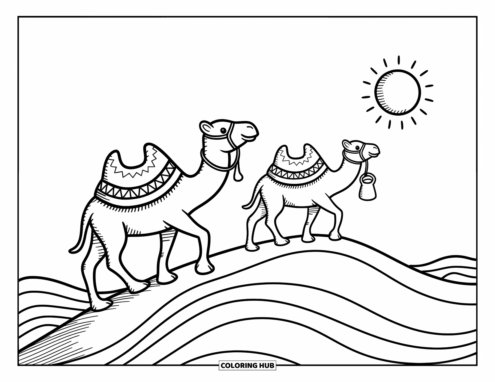 Camel Coloring Page for Adults: Two camels with a blanket and jug walking under a warm desert sun