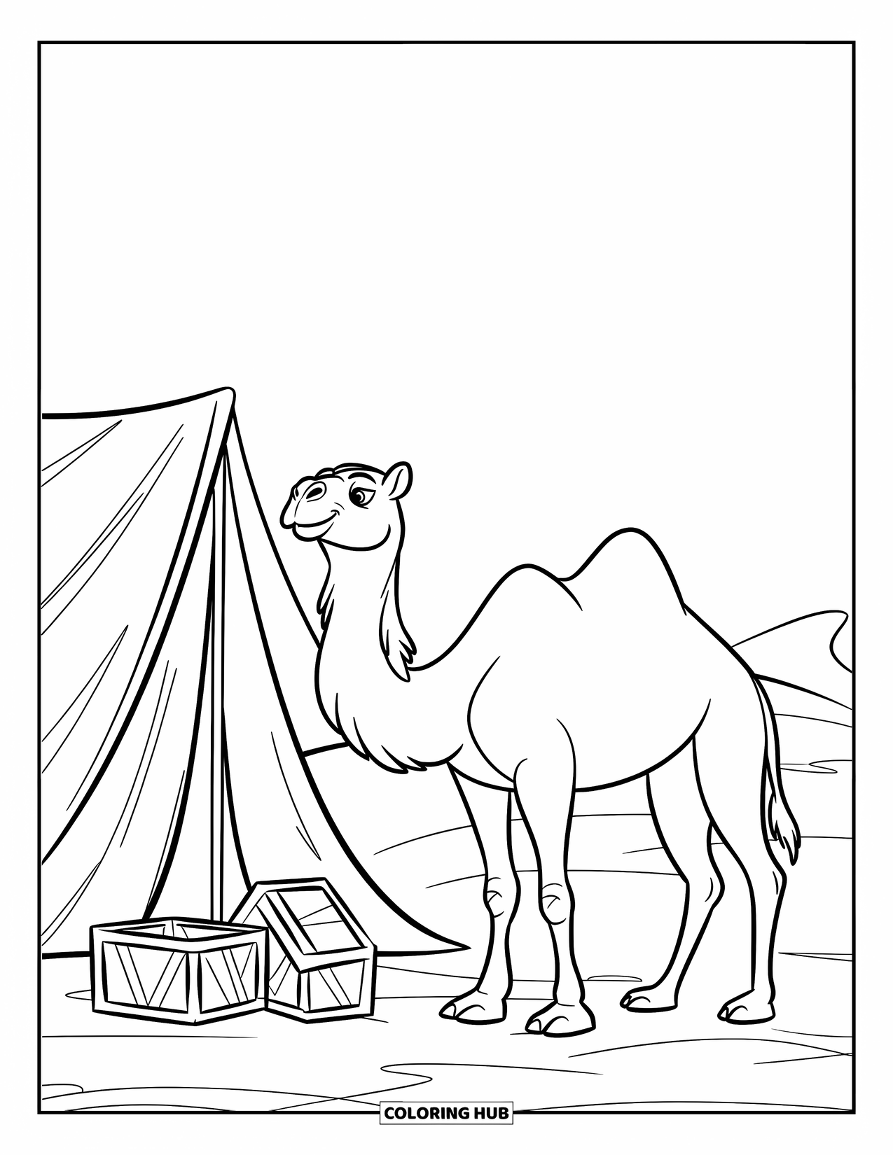 Camel Coloring Page for Kids: Camel near a tent and crates in a desert with sand dunes