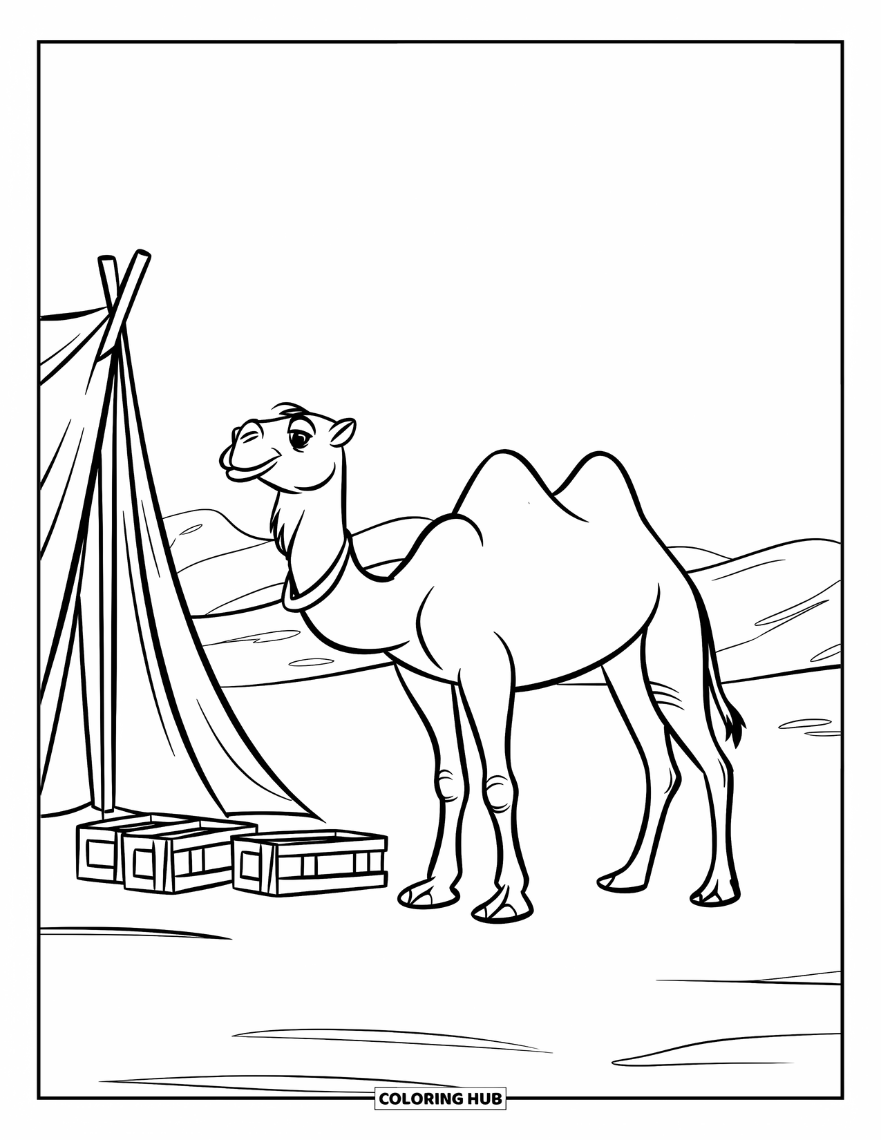 Camel Coloring Page for Kids: Camel standing beside a desert tent with small crates