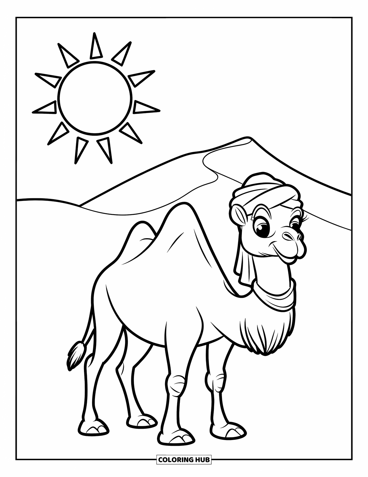 Camel Coloring Page for Kids: Camel wearing a turban standing before a sand dune in the desert