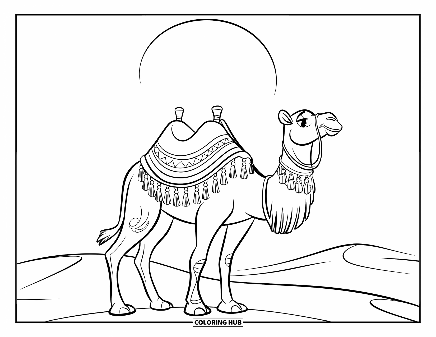 Camel Coloring Page for Kids: Camel with a decorative saddle under a large desert sun