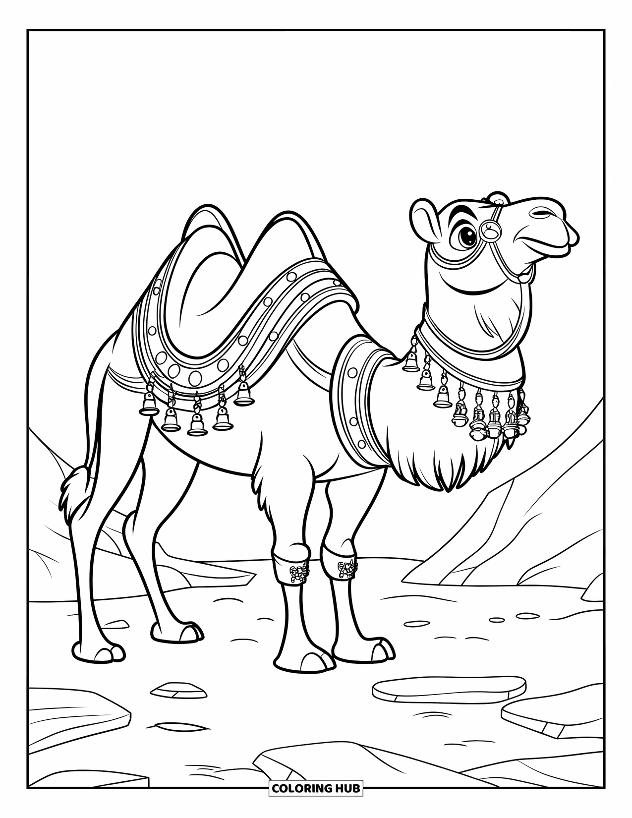 Camel Coloring Page for Kids: Camel with bells and colorful harness on rocky ground under a clear sky