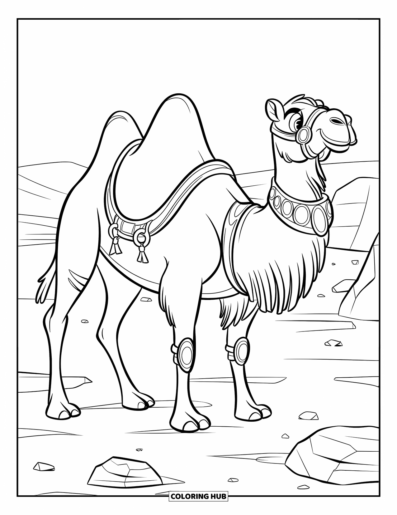 Camel Coloring Page for Kids: Camel with harness and large hump standing on rocky desert ground