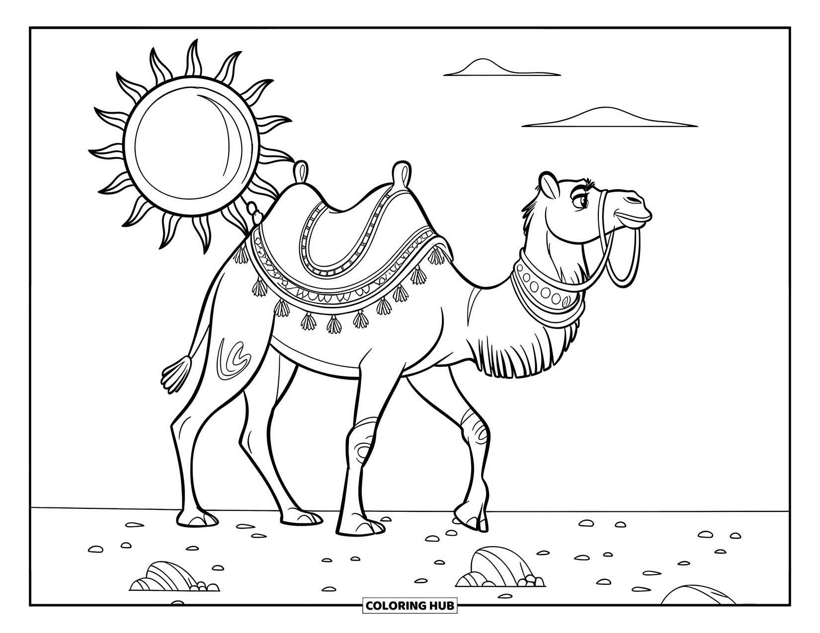 Camel Coloring Page for Kids: Camel with ornate saddle walking on rocky desert ground under a clear sky