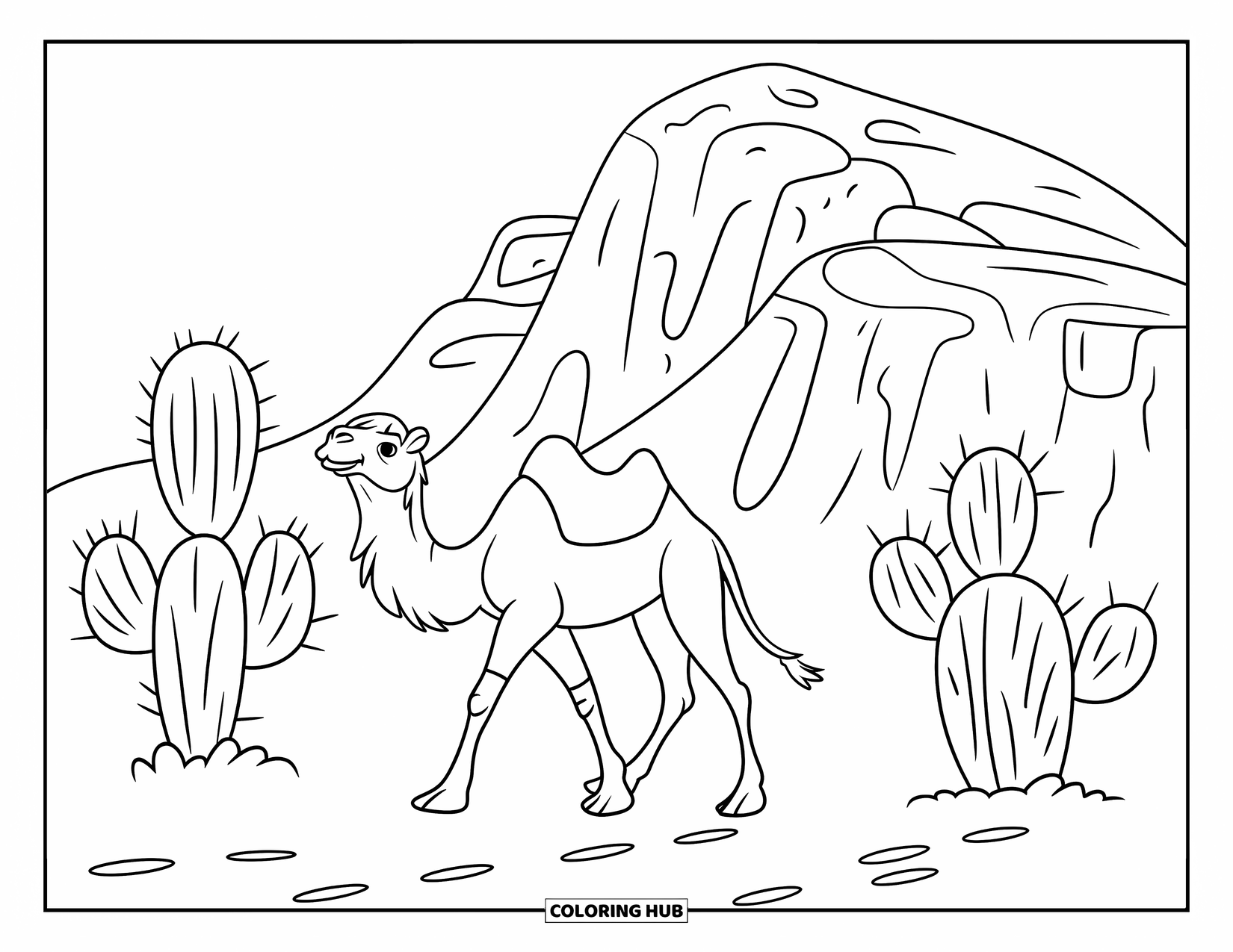 Camel Coloring Page for Kids: Camel with saddle walking past cacti and rocky hill with footprints in the sand