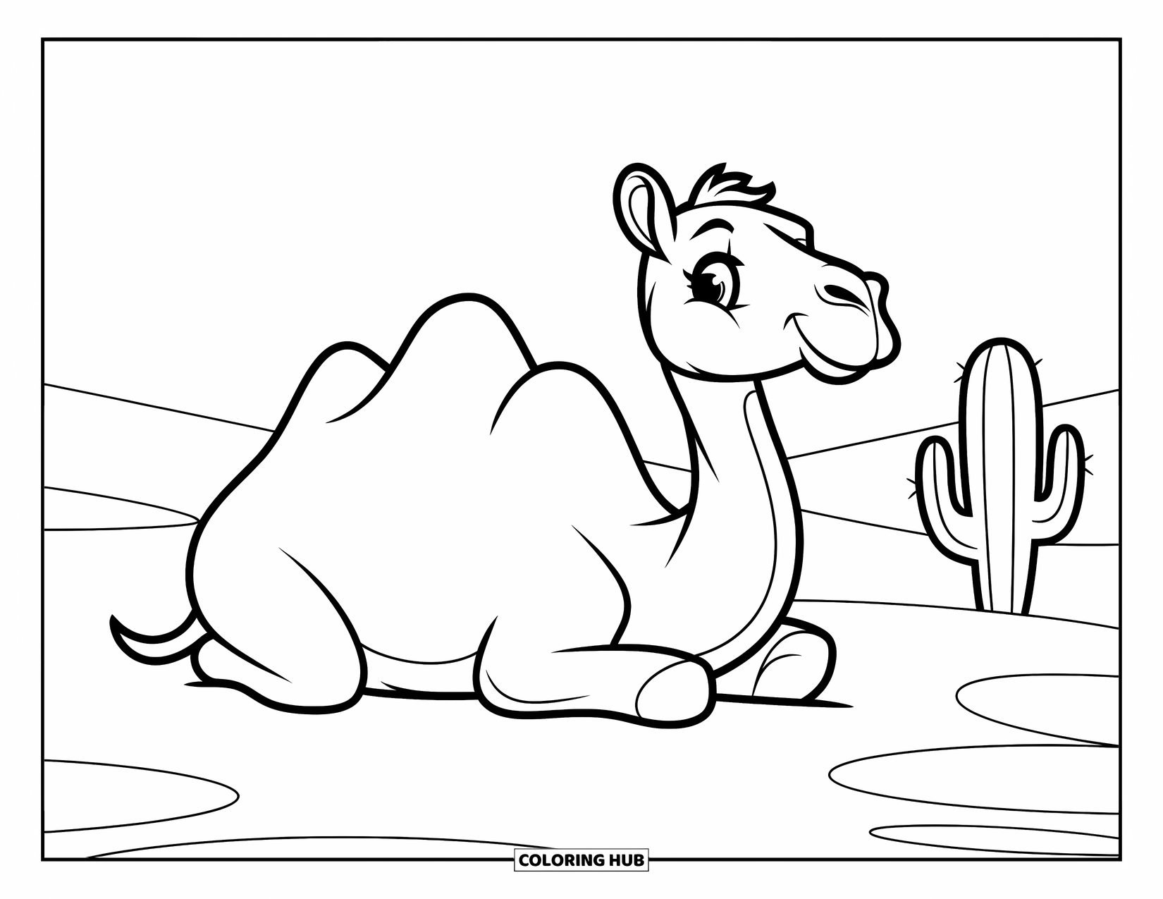 Camel Coloring Page for Kids: Playful camel resting near cactus in a wide desert scene
