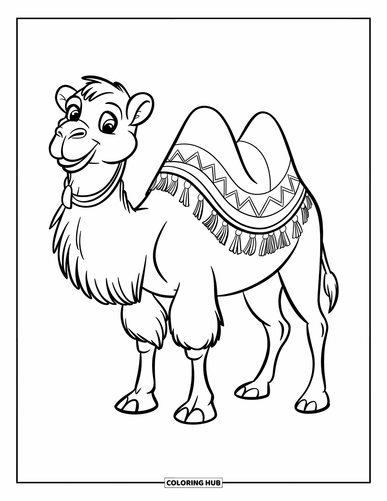 Camel Coloring Page for Kids: Smiling camel with blanket standing on plain desert ground
