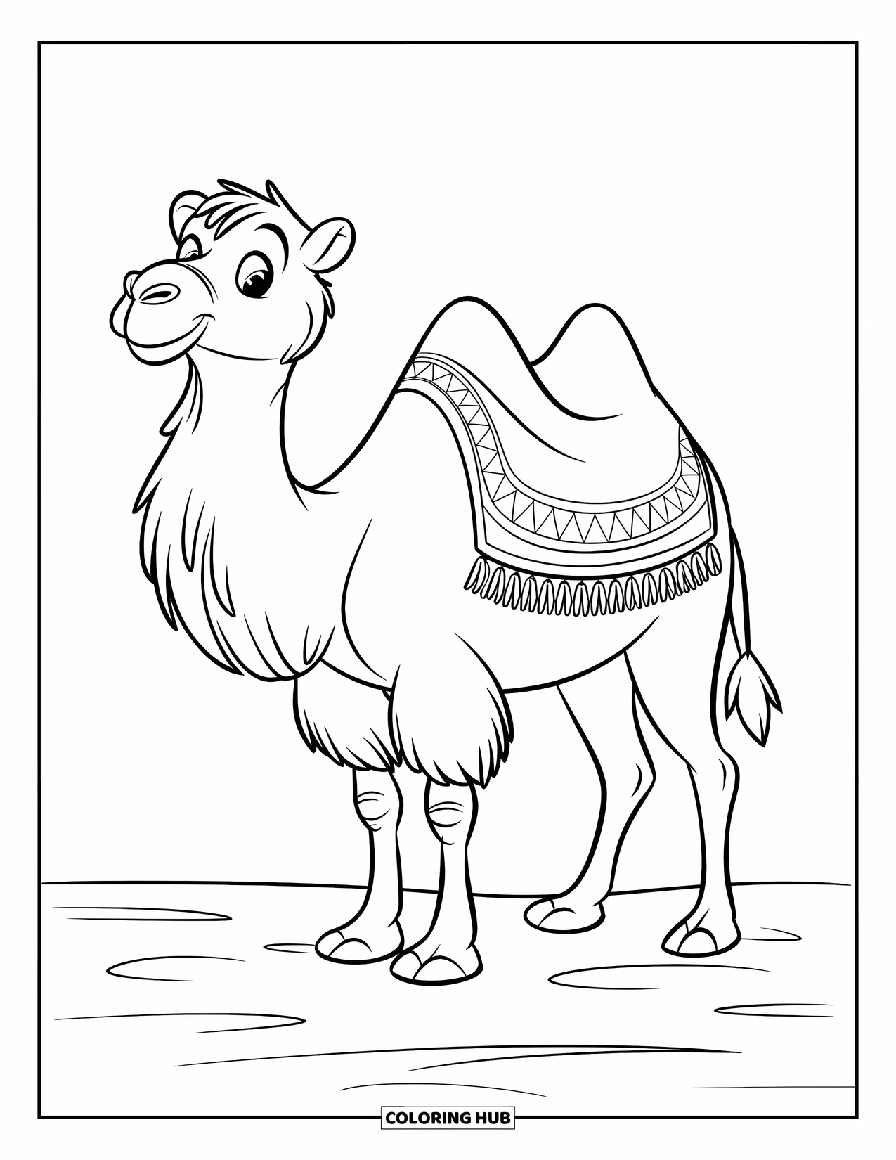 Camel Coloring Page for Kids: Smiling camel with decorative blanket standing on plain desert ground