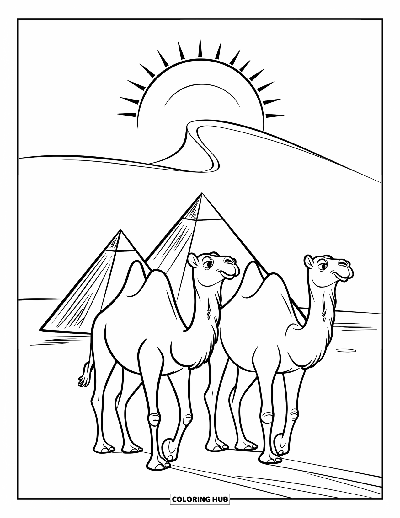 Camel Coloring Page for Kids: Two camels near pyramids with sun casting shadows in the desert