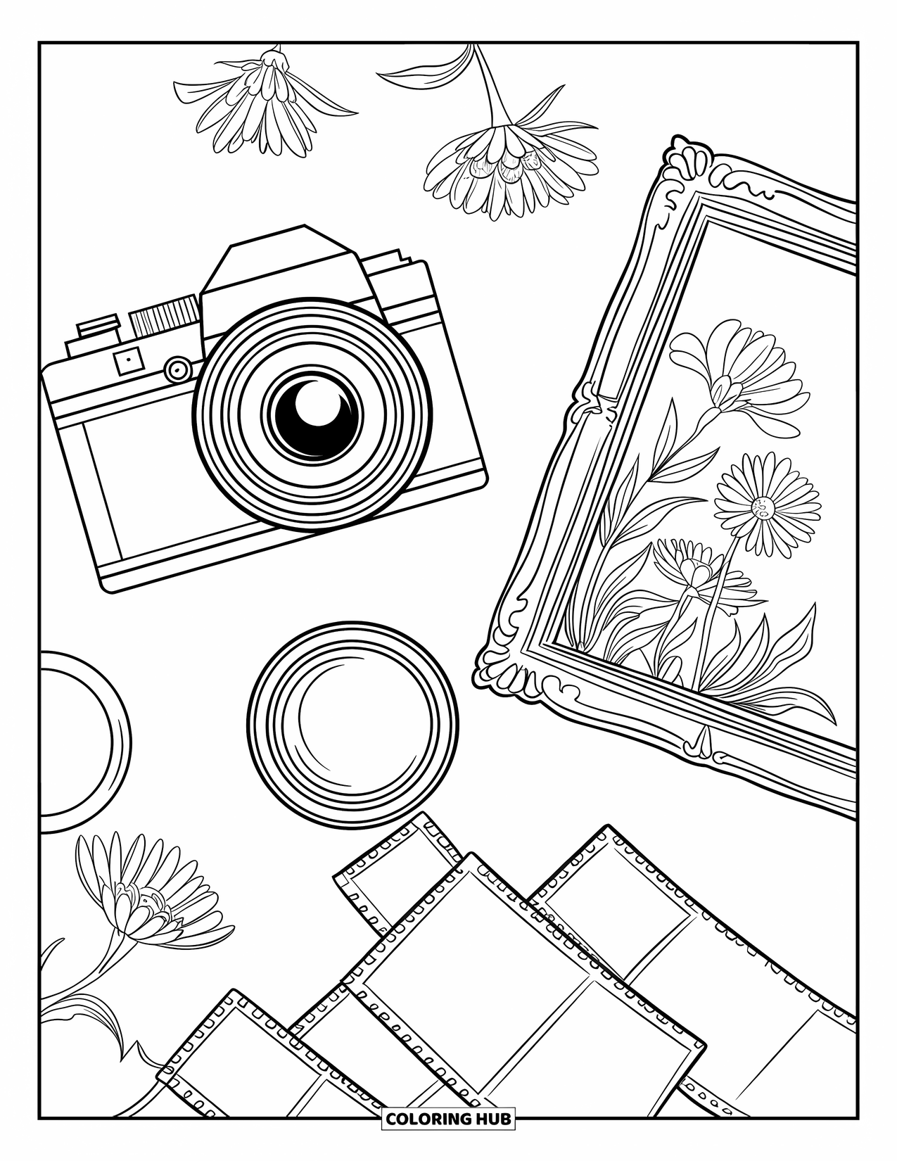 Career Coloring Page for Adults: A camera, lens, film, and flower photo are arranged in a calm, vintage flat lay