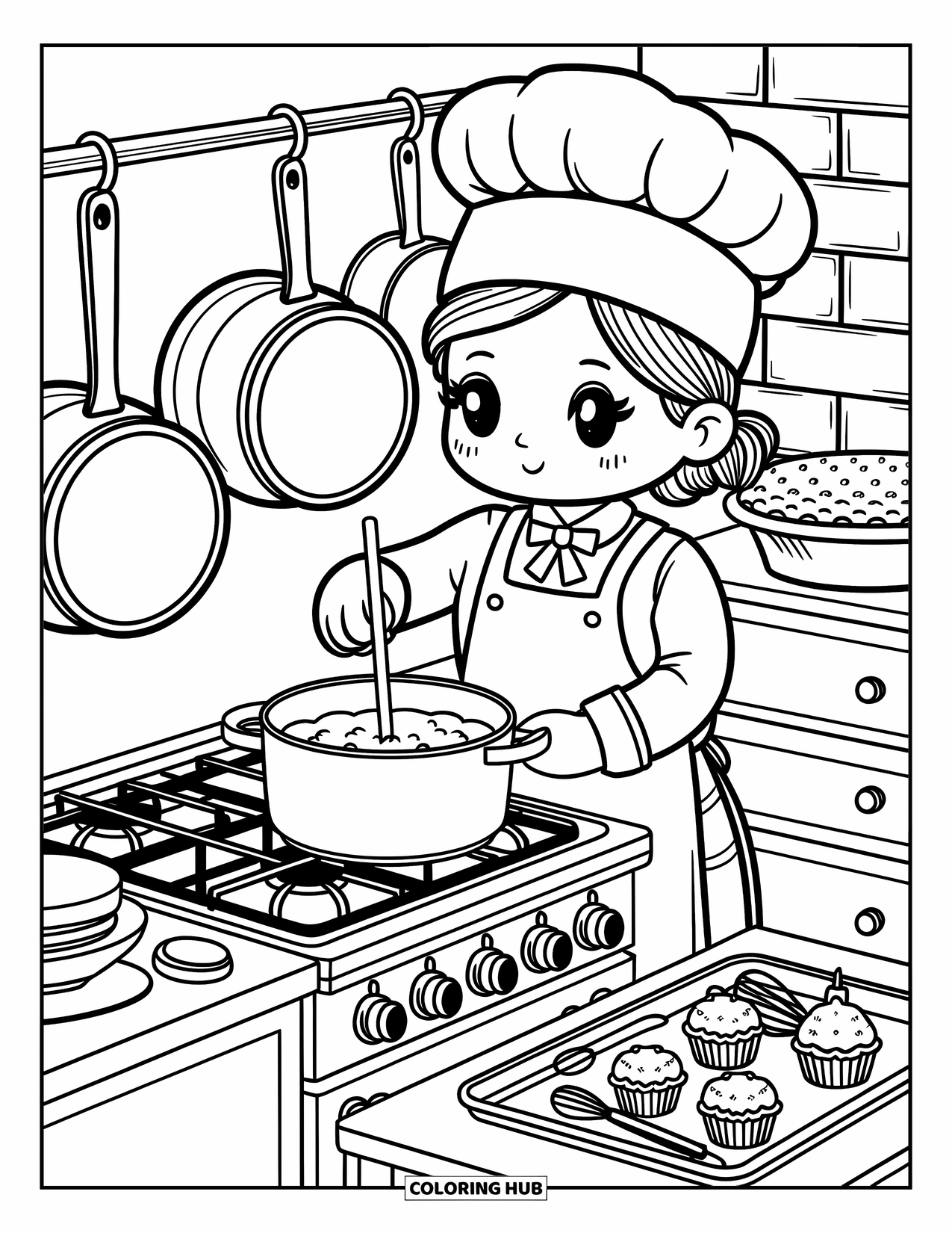 Career Coloring Page for Adults: A cheerful chef stirs a pot in a cozy kitchen filled with yummy baked treats