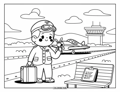 Desen de colorat cu profesii pentru adulți: Un pilot vesel pozează lângă un mic avion cu elice, cu o valiză și un clipboard alături